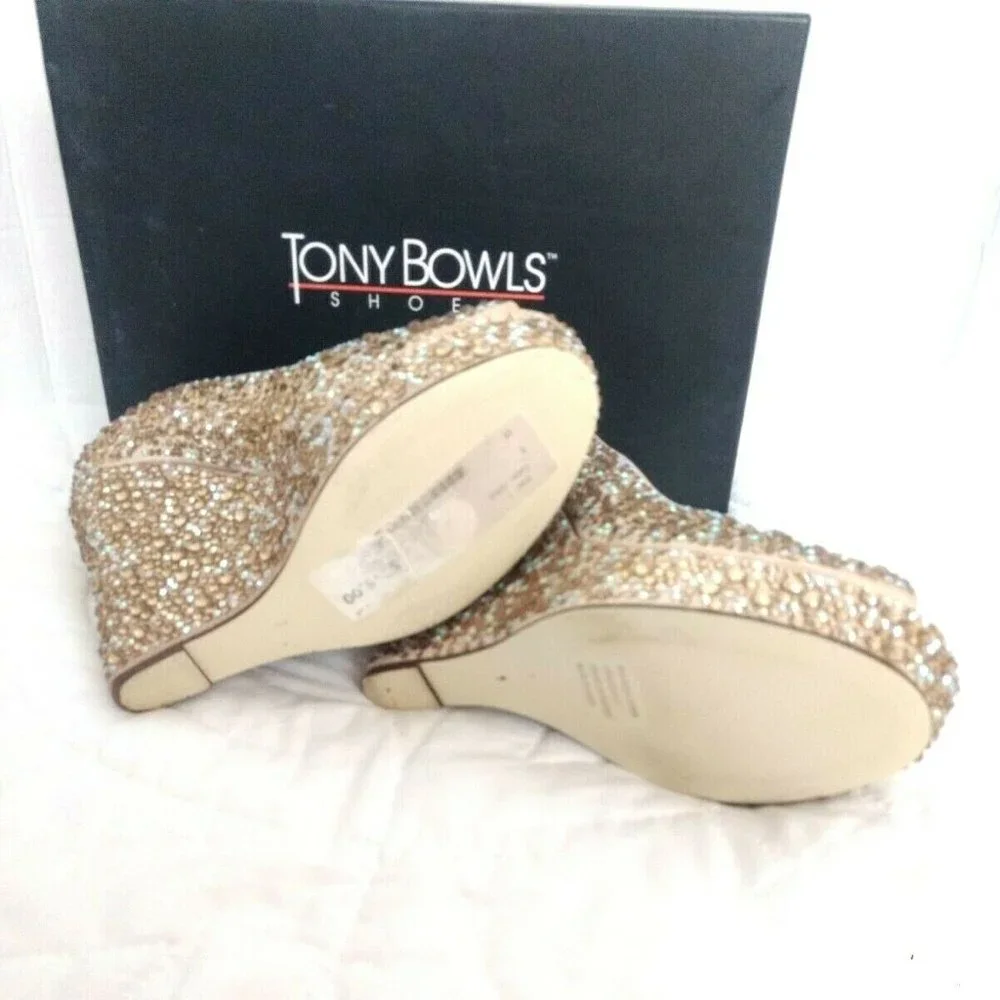Tony Bowls Prom Formal Pageant Bridal Wedding Shoes Heels Size 7 Gold Bling - Picture 4 of 10